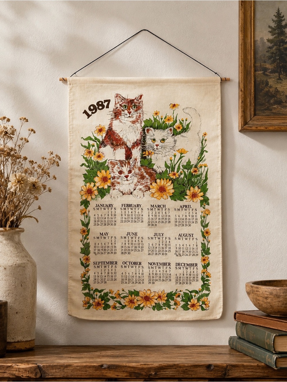 Vintage 1987 Kitten Calendar Tea Towel / Wall Hanging